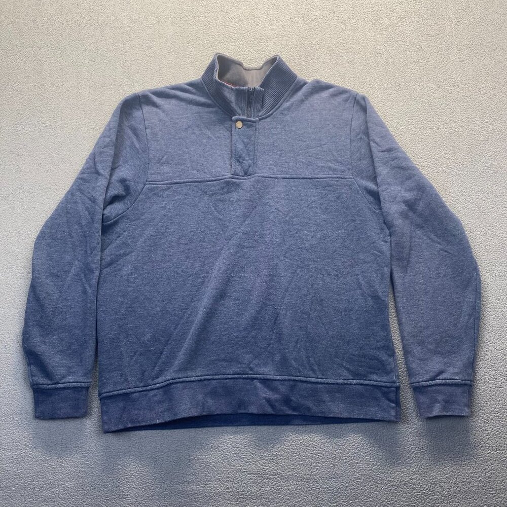 Orvis Sweater Mens Size Large Blue Long Sleeve Pullover 1/4 Zip Snap Mock Neck